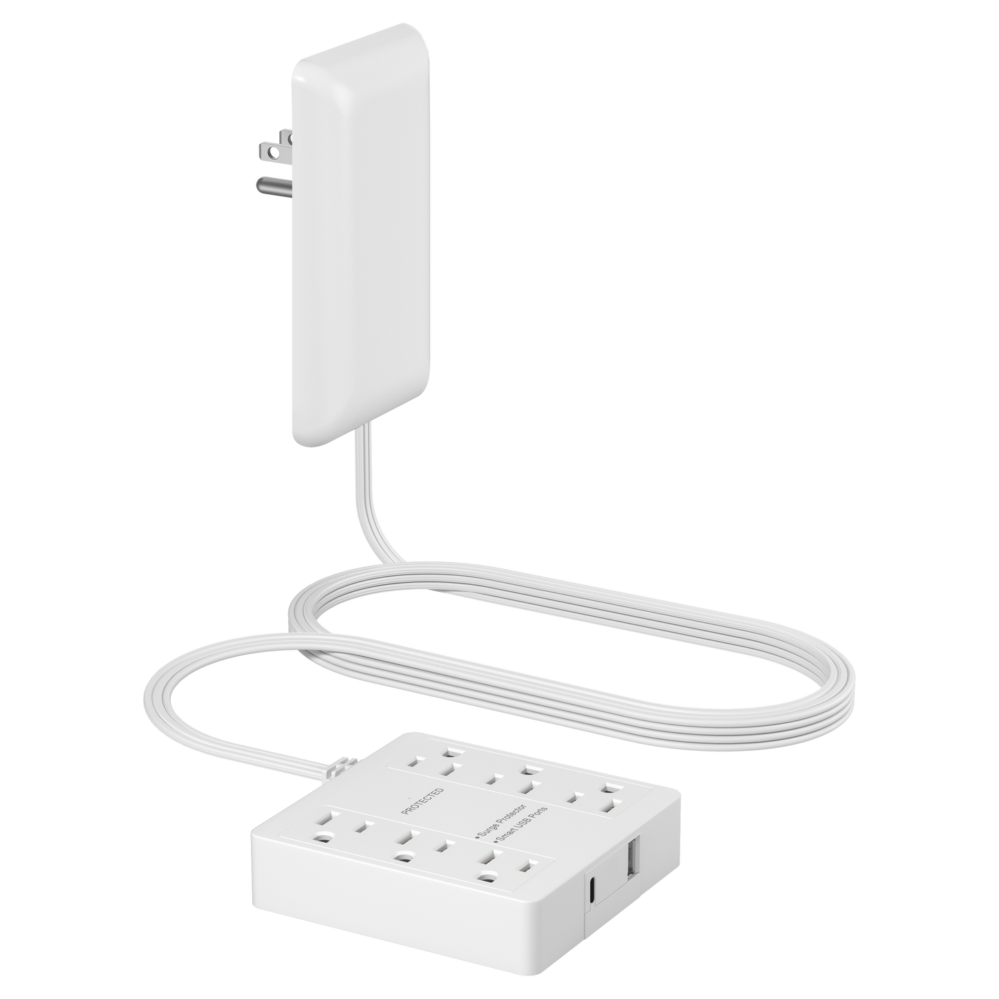 Surge Protected Outlet Power Strip with 6 AC Outlets, USB-A and USB-C, Ultra-Thin Flat-Plug with Cord Extender, 6-Outlet Power Strip, Surge Protection Up to 1500J, 5 Feet Cord