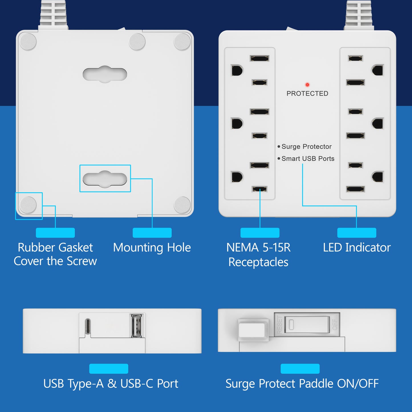 Surge Protected Outlet Power Strip with 6 AC Outlets, USB-A and USB-C, Ultra-Thin Flat-Plug with Cord Extender, 6-Outlet Power Strip, Surge Protection Up to 1500J, 5 Feet Cord