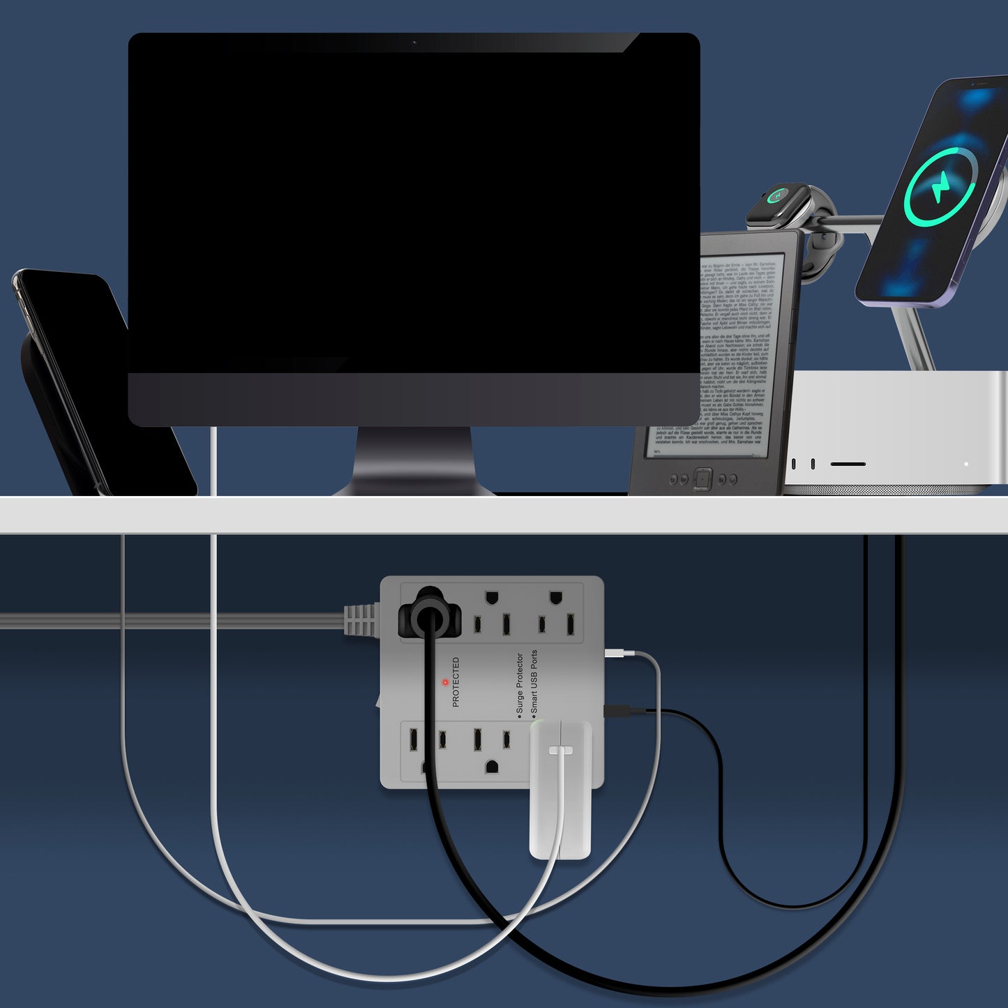 Surge Protected Outlet Power Strip with 6 AC Outlets, USB-A and USB-C, Ultra-Thin Flat-Plug with Cord Extender, 6-Outlet Power Strip, Surge Protection Up to 1500J, 5 Feet Cord