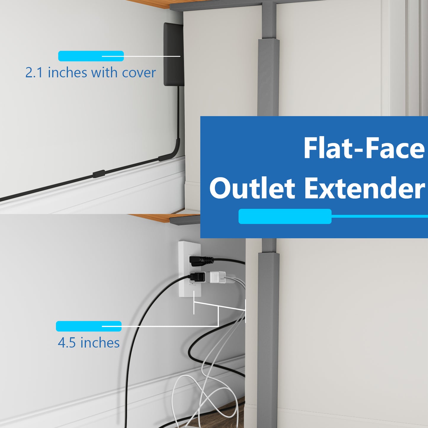 Ultra-Thin Wall Plate Plug Outlet Extender with 3 Receptacles, Flat-Face Plug with Cord Extender and 3-Outlet Power Strip, 8 Feet Cord