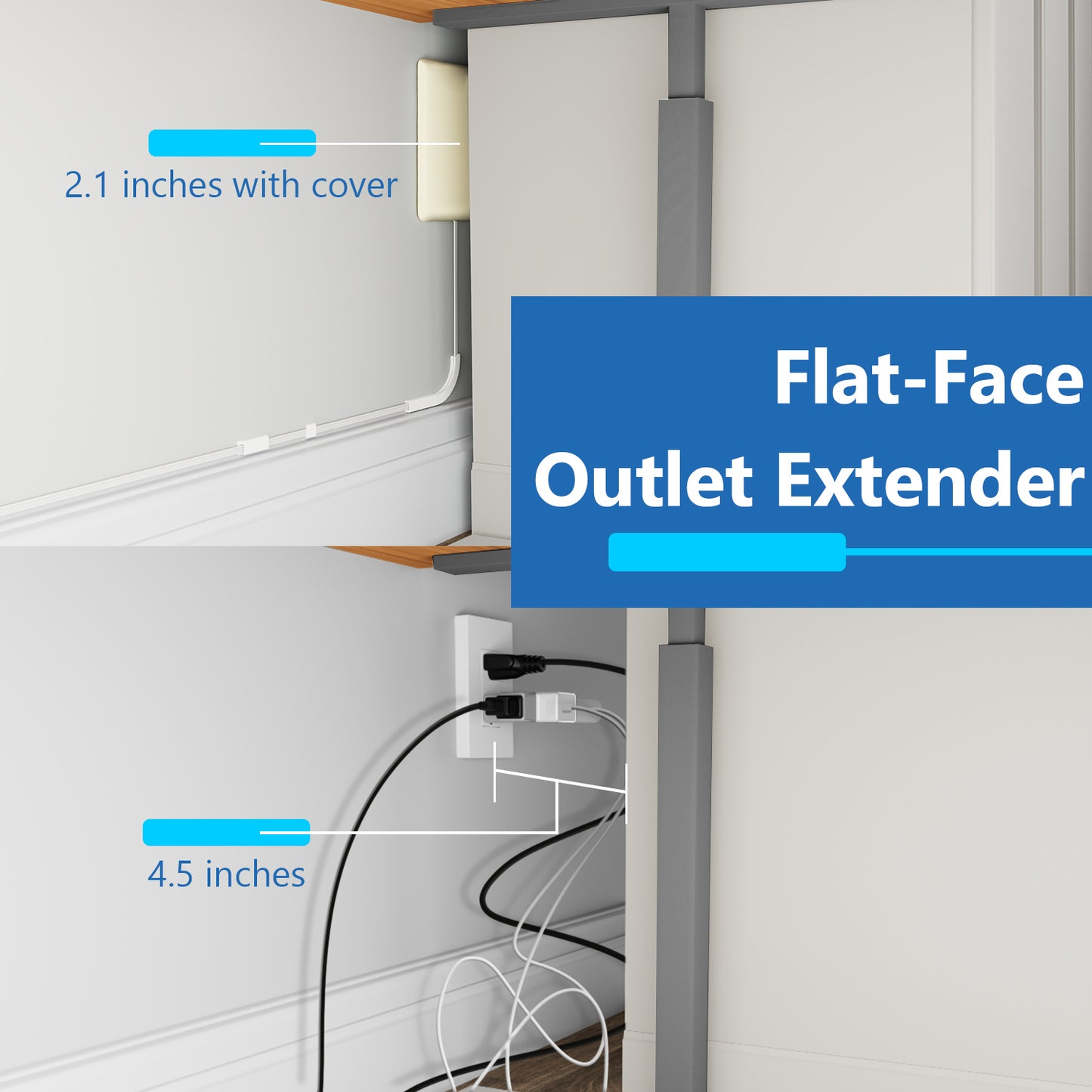 Ultra-Thin Wall Plate Plug Outlet Extender with 3 Receptacles, Flat-Face Plug with Cord Extender and 3-Outlet Power Strip, 8 Feet Cord