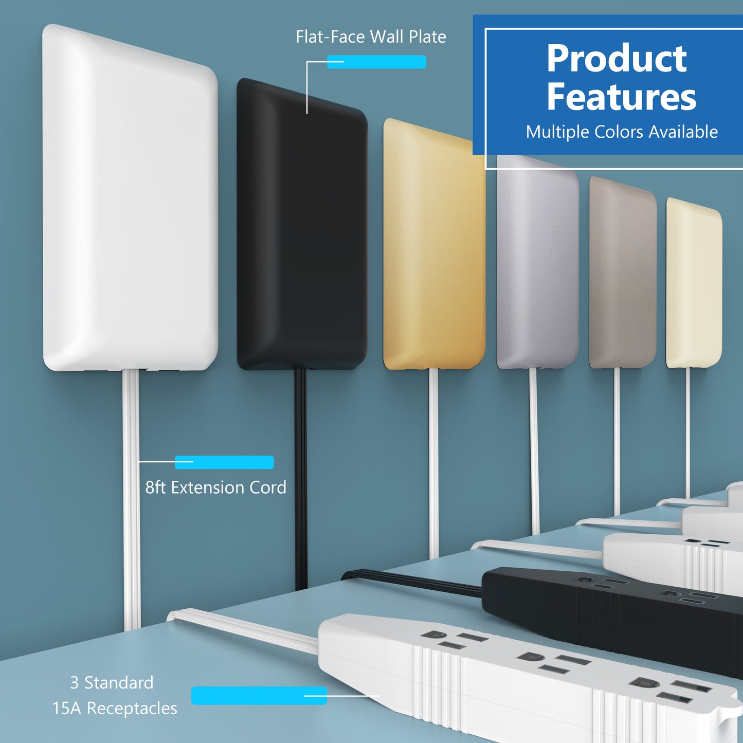 Ultra-Thin Wall Plate Plug Outlet Extender with 3 Receptacles, Flat-Face Plug with Cord Extender and 3-Outlet Power Strip, 8 Feet Cord