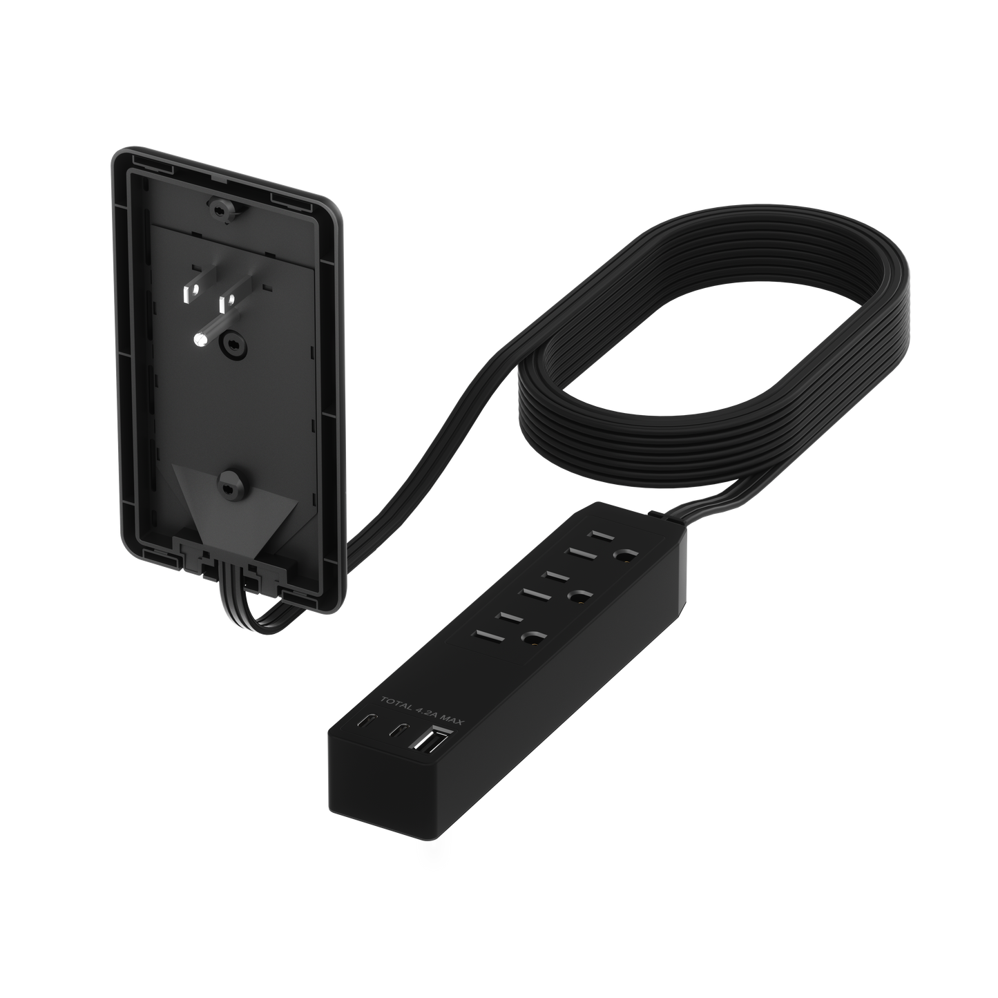 Outlet Extender with 3 Receptacles, 4.2A USB Type-A, and 2 USB Type-C, Ultra-Thin Wall Plate Plug with Cord Extender, 3-Outlet Power Strip, Flat-Face, 8 Feet Cord
