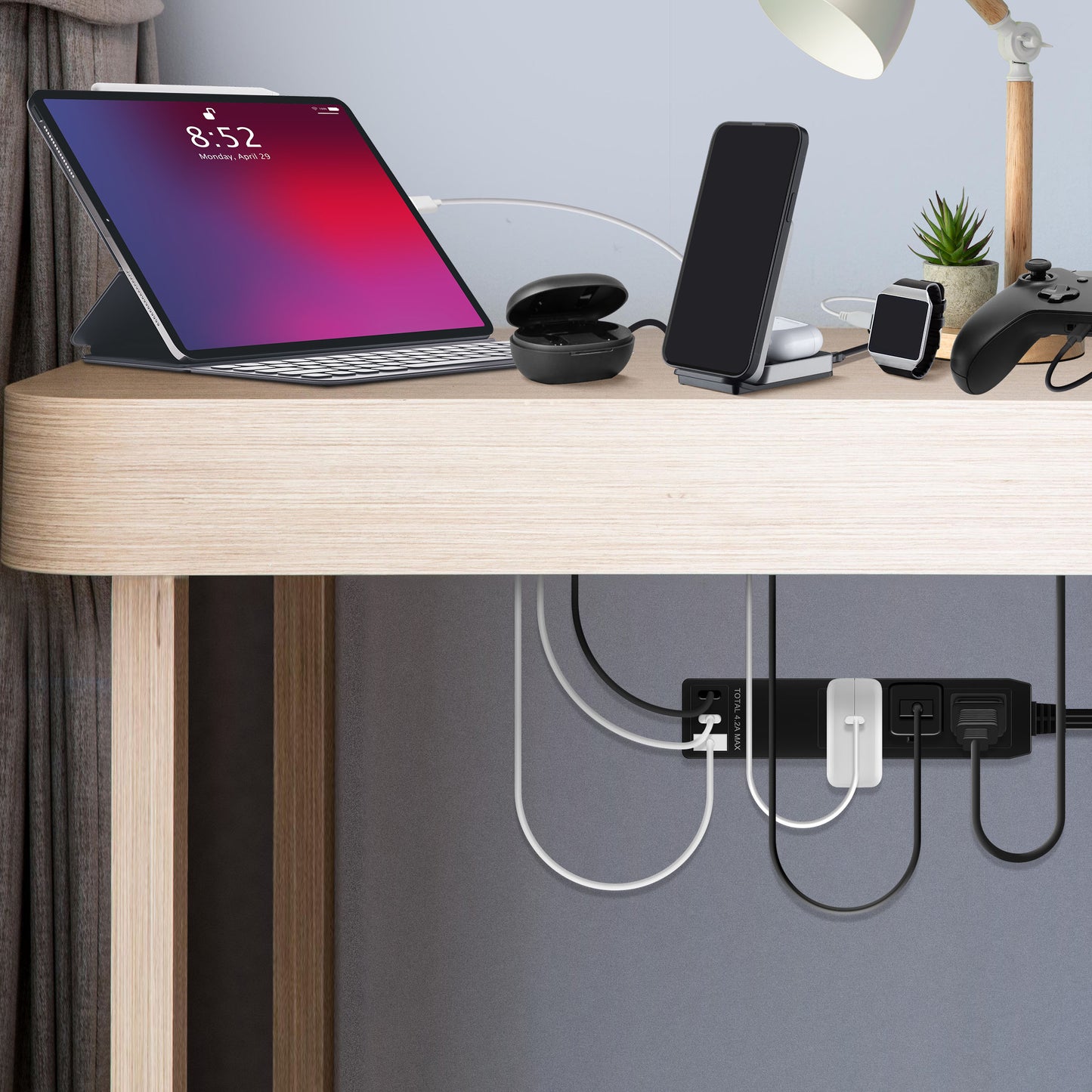 Outlet Extender with 3 Receptacles, 4.2A USB Type-A, and 2 USB Type-C, Ultra-Thin Wall Plate Plug with Cord Extender, 3-Outlet Power Strip, Flat-Face, 8 Feet Cord