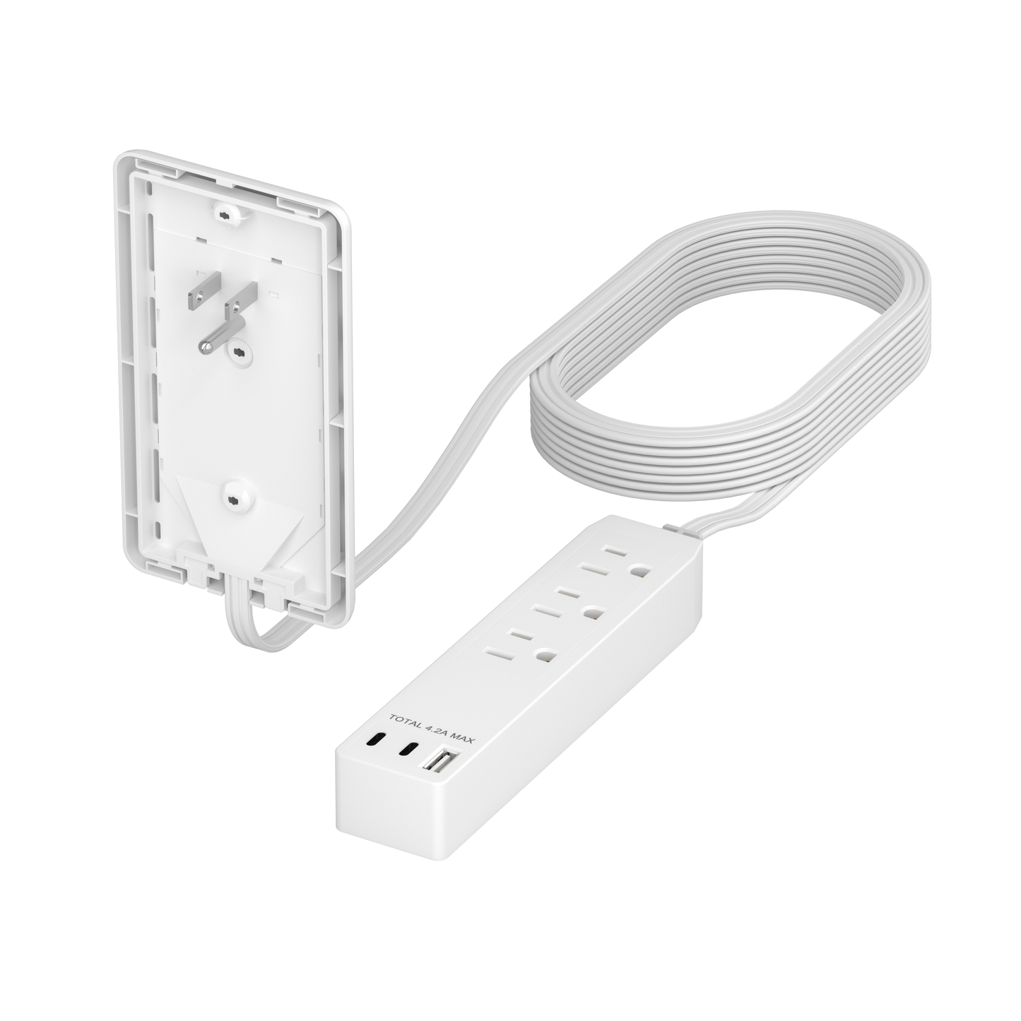 Outlet Extender with 3 Receptacles, 4.2A USB Type-A, and 2 USB Type-C, Ultra-Thin Wall Plate Plug with Cord Extender, 3-Outlet Power Strip, Flat-Face, 8 Feet Cord