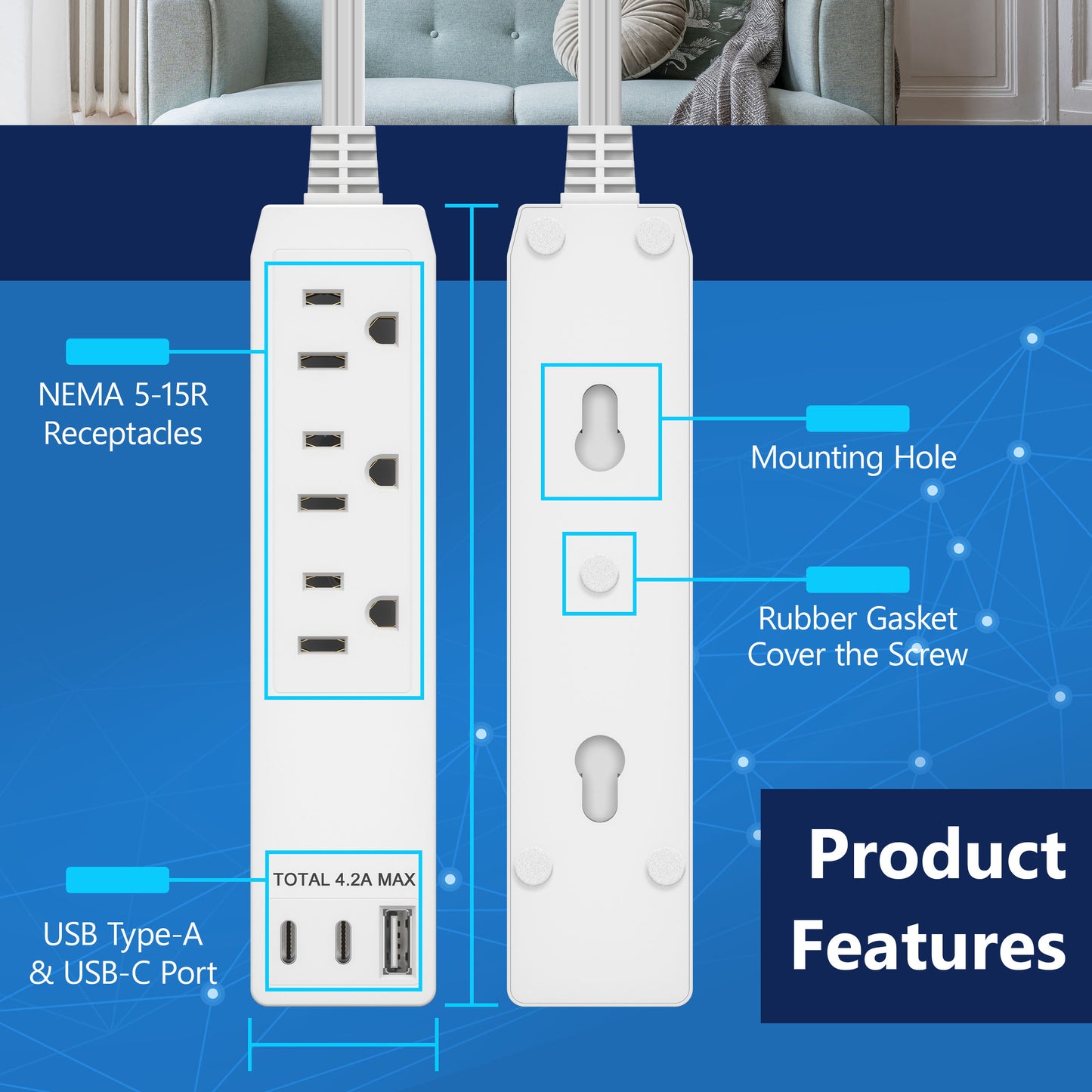Outlet Extender with 3 Receptacles, 4.2A USB Type-A, and 2 USB Type-C, Ultra-Thin Wall Plate Plug with Cord Extender, 3-Outlet Power Strip, Flat-Face, 8 Feet Cord