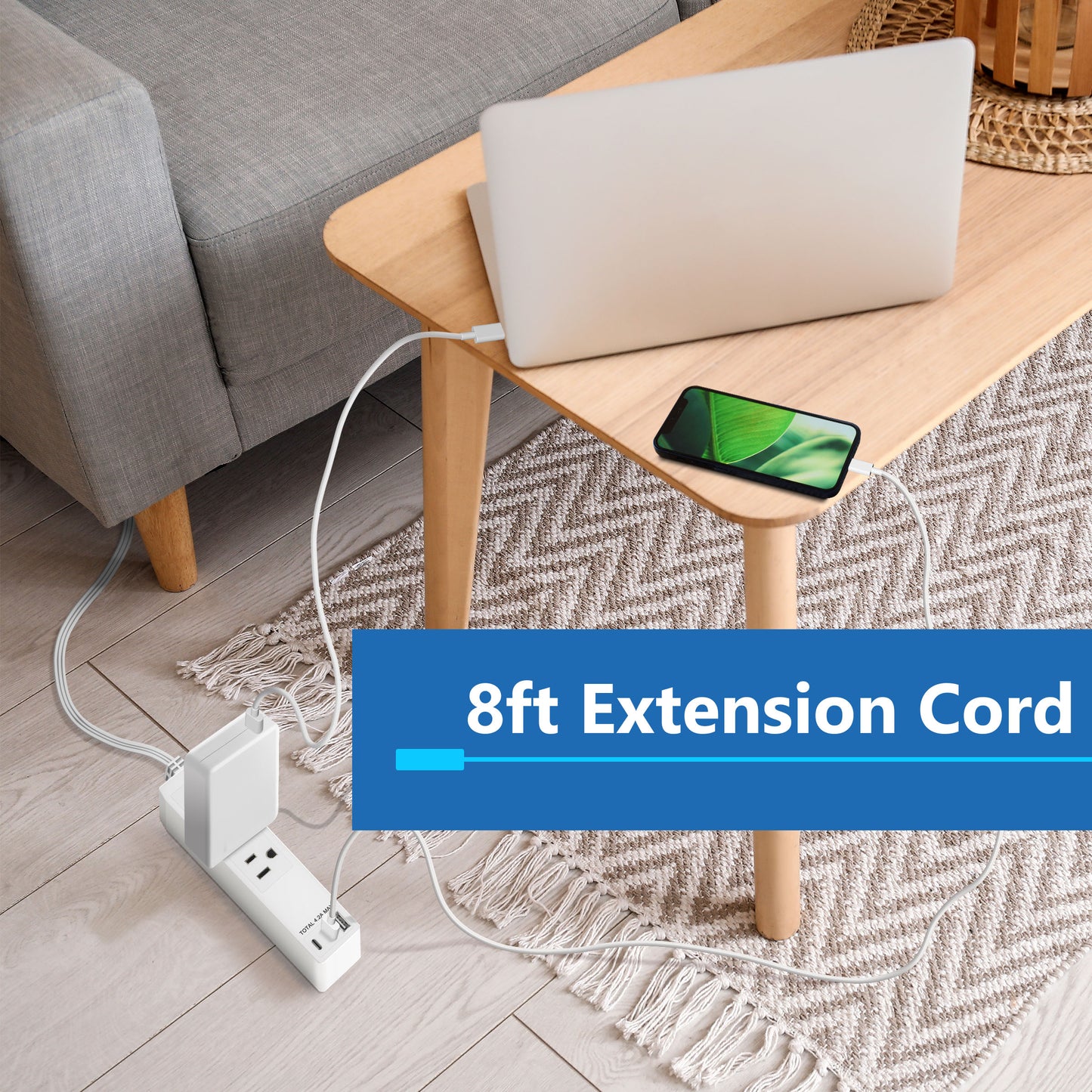 Outlet Extender with 3 Receptacles, 4.2A USB Type-A, and 2 USB Type-C, Ultra-Thin Wall Plate Plug with Cord Extender, 3-Outlet Power Strip, Flat-Face, 8 Feet Cord