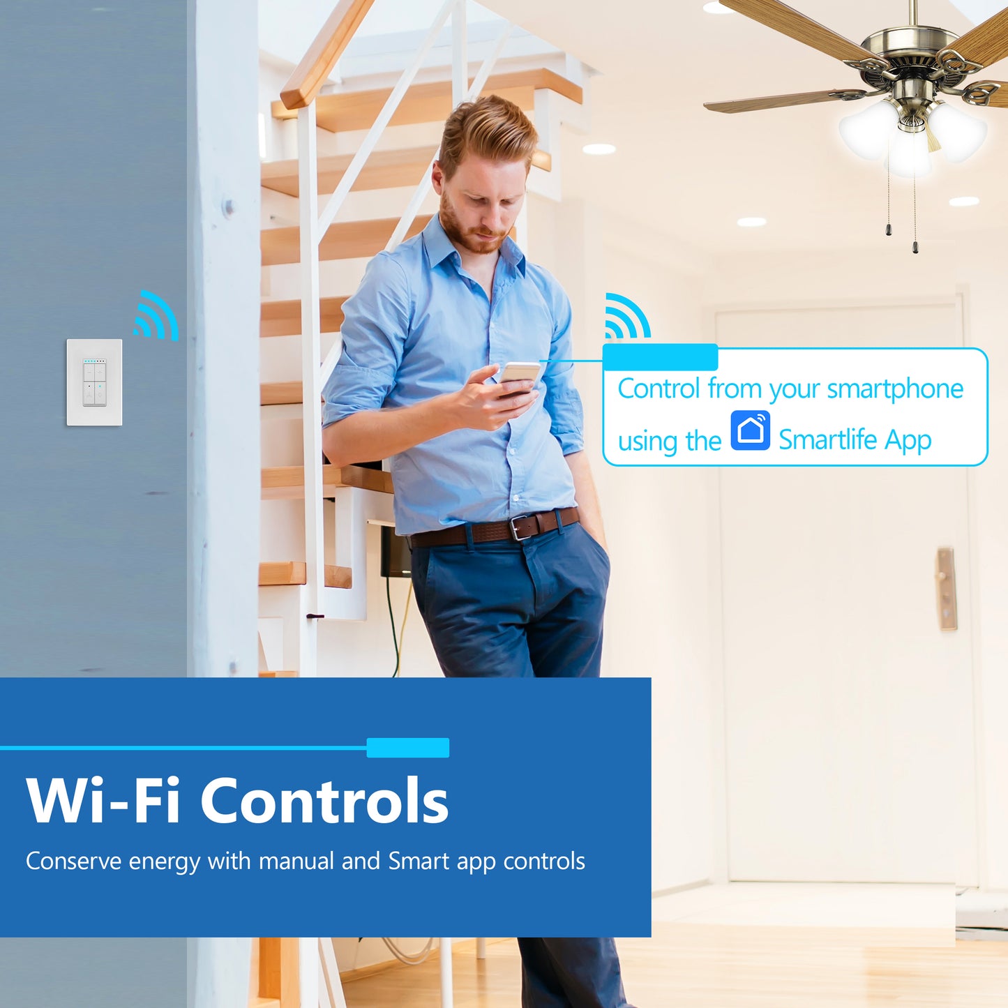 Wi-Fi Combination Dimmer and 4-Speed Fan Control Switch, Wireless Home Automation, Wi-Fi Control, Single-Pole, Wall Plate Included