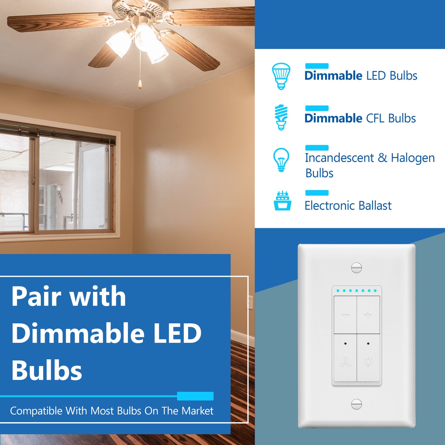 Wi-Fi Combination Dimmer and 4-Speed Fan Control Switch, Wireless Home Automation, Wi-Fi Control, Single-Pole, Wall Plate Included