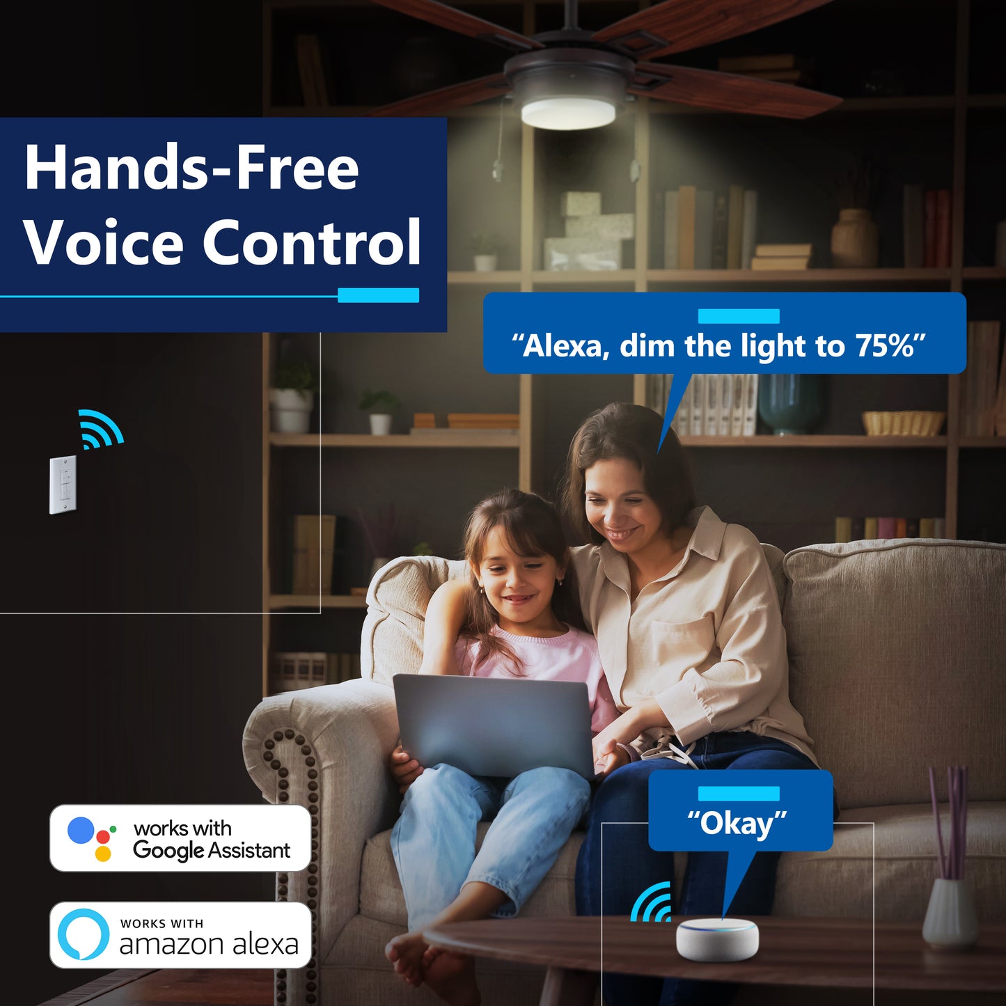 Wi-Fi Combination Dimmer and 4-Speed Fan Control Switch, Wireless Home Automation, Wi-Fi Control, Single-Pole, Wall Plate Included