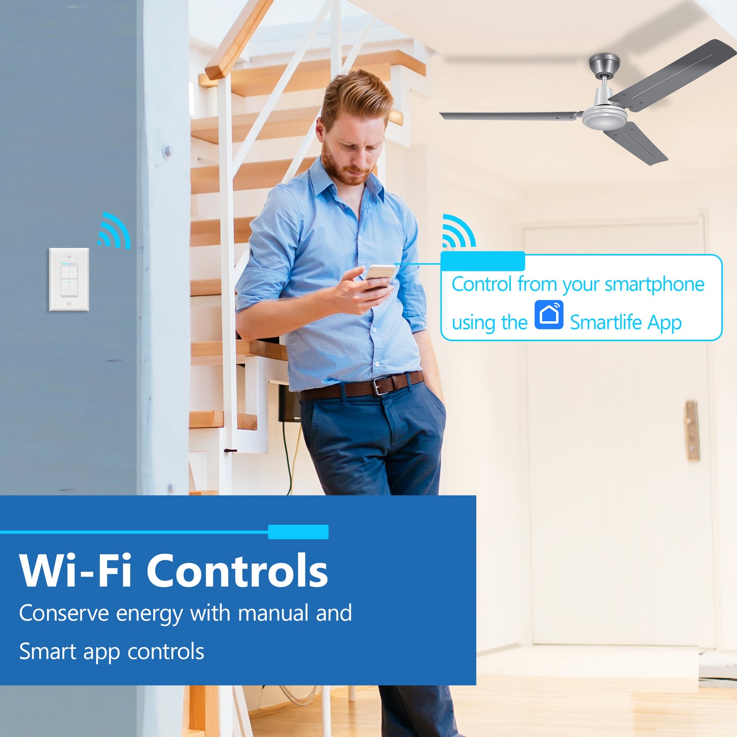 4-Speed Wi-Fi Fan Control Switch, Wireless Home Automation, Wi-Fi Control, Single-Pole, Wall Plate Included