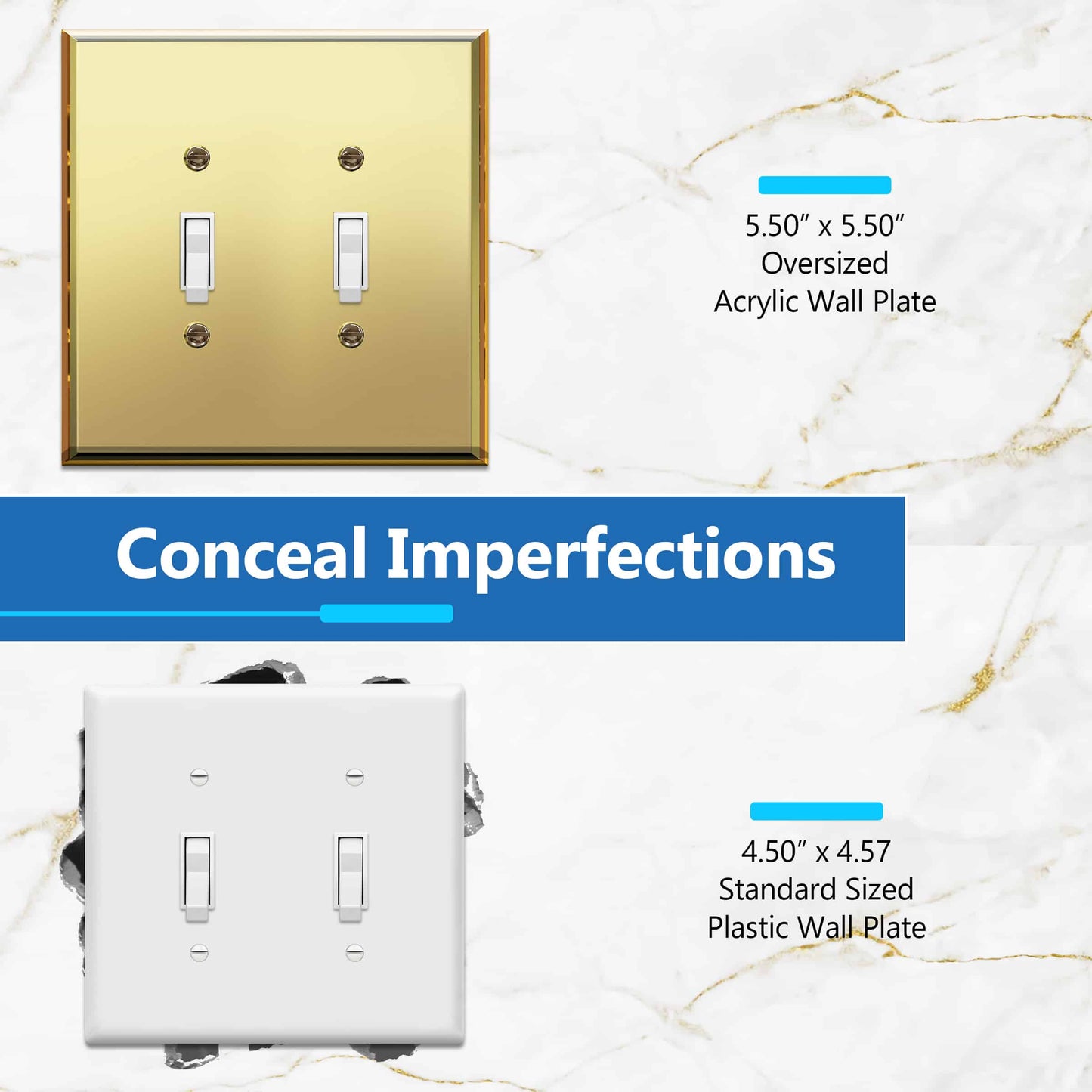 Oversized Acrylic Mirrored Toggle Switch Wall Plate, Reflective Cover Plate, Plexiglass Wall Plate, 2-Gang