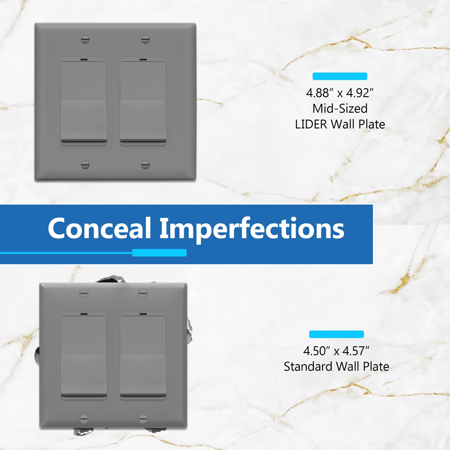 Decorator Wall Plate, Cover Plate for decorator switch or outlet, Polycarbonate Thermoplastic Wall Plate, 2-Gang, Mid-Size