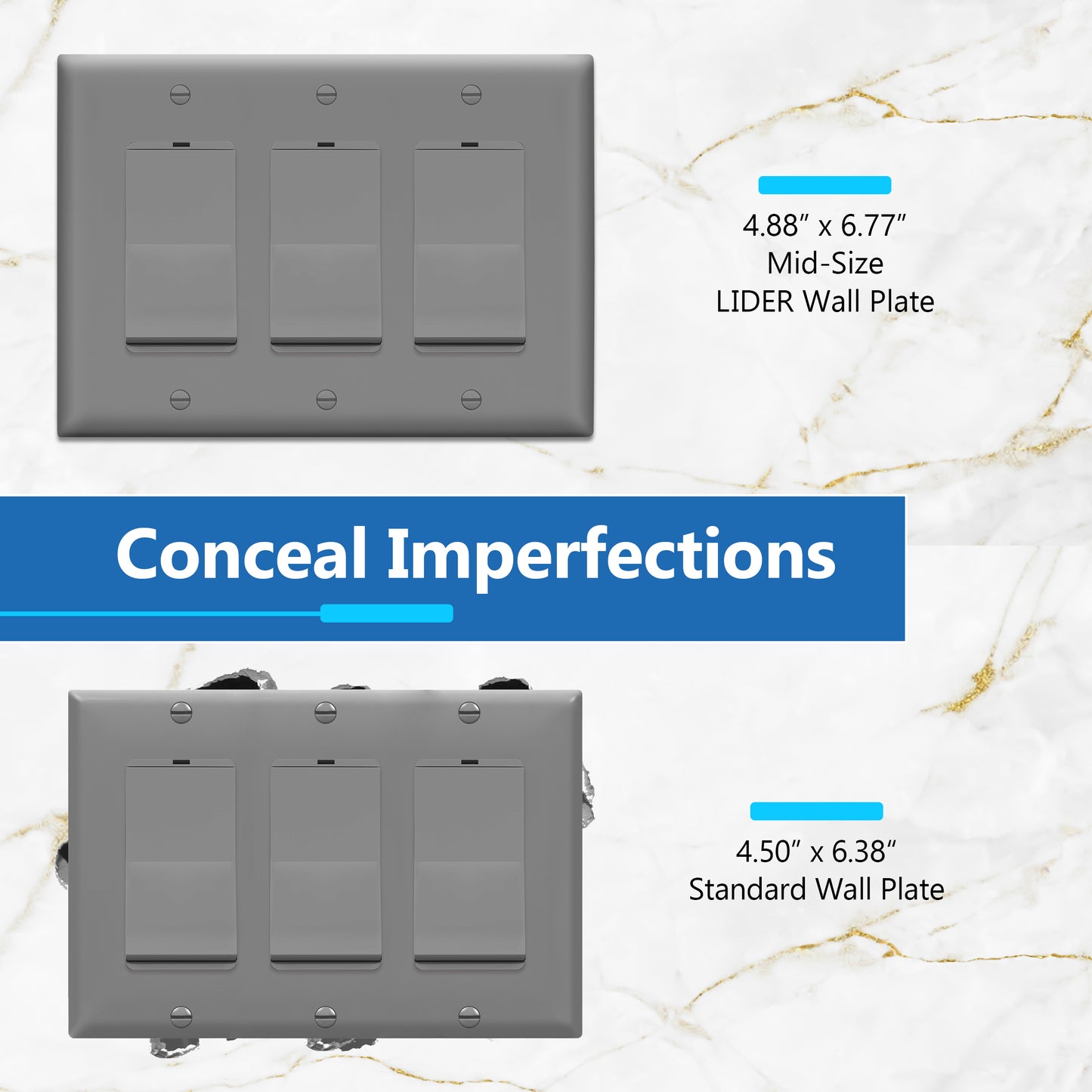 Decorator Wall Plate, Cover Plate for decorator switch or outlet, Polycarbonate Thermoplastic Wall Plate, 3-Gang, Mid-Size