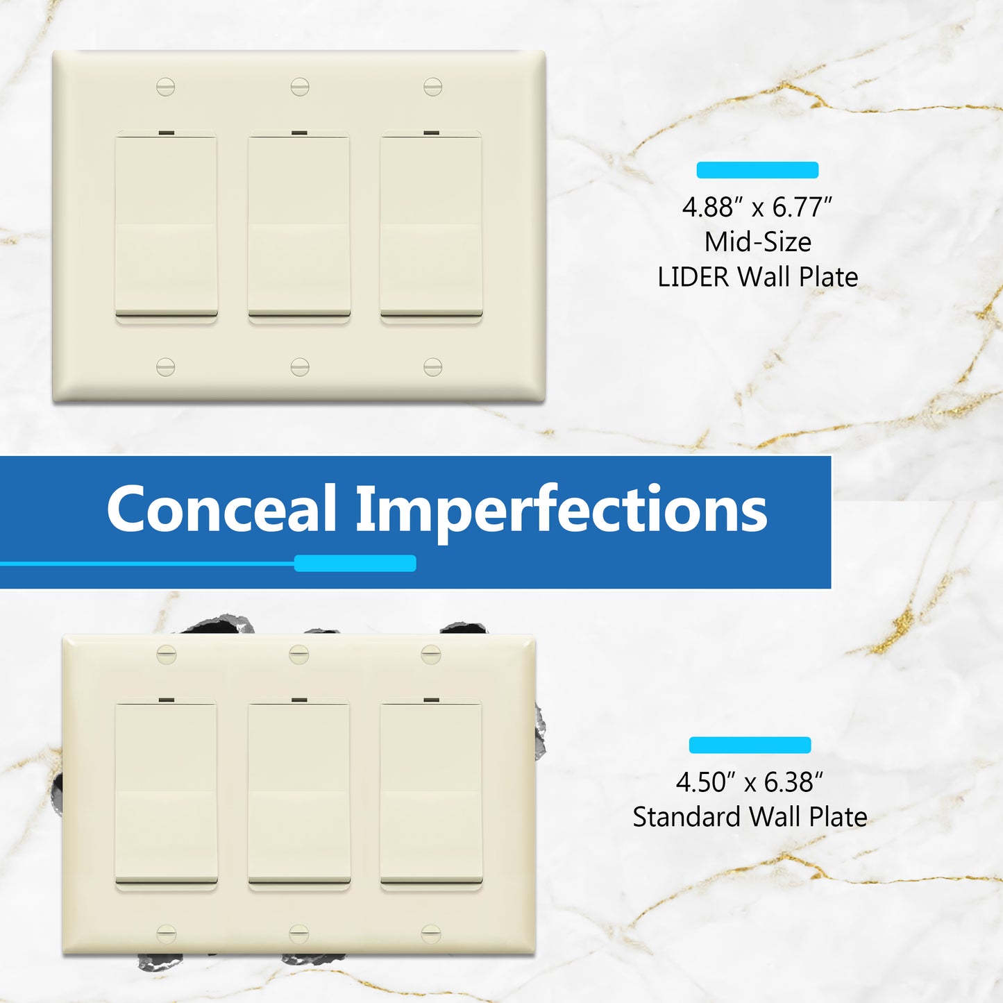 Decorator Wall Plate, Cover Plate for decorator switch or outlet, Polycarbonate Thermoplastic Wall Plate, 3-Gang, Mid-Size