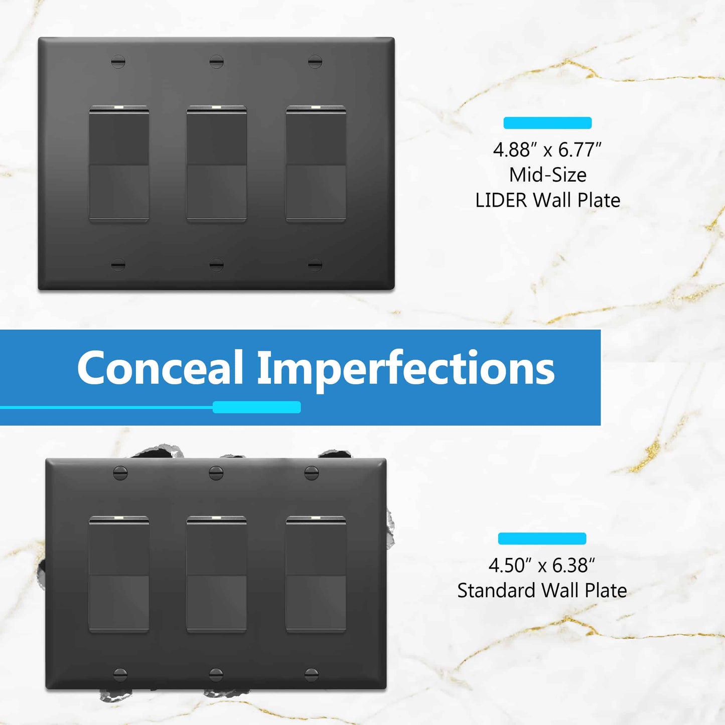 Decorator Wall Plate, Cover Plate for decorator switch or outlet, Polycarbonate Thermoplastic Wall Plate, 3-Gang, Mid-Size