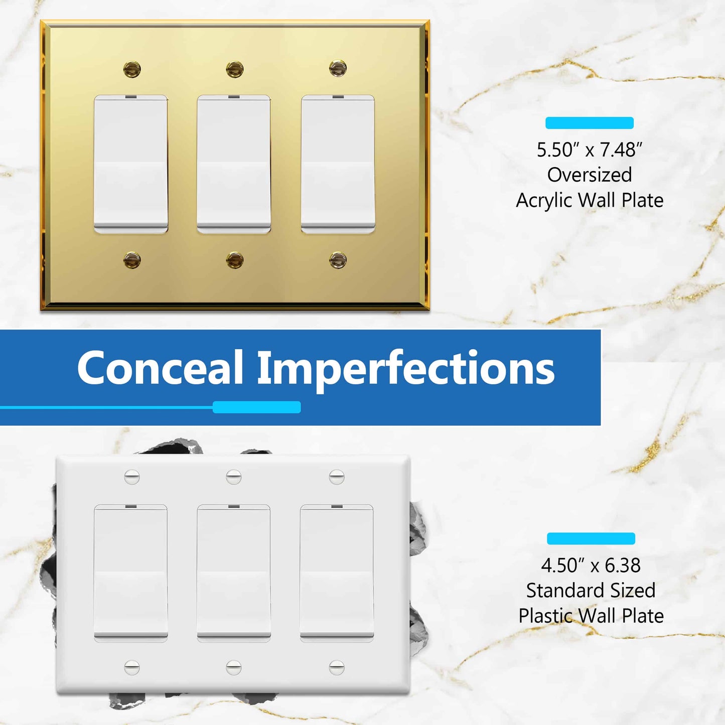 Oversized Acrylic Mirrored Decorator Wall Plate, Reflective Cover Plate for decorator switch or outlet, Plexiglass Wall Plate, 3-Gang