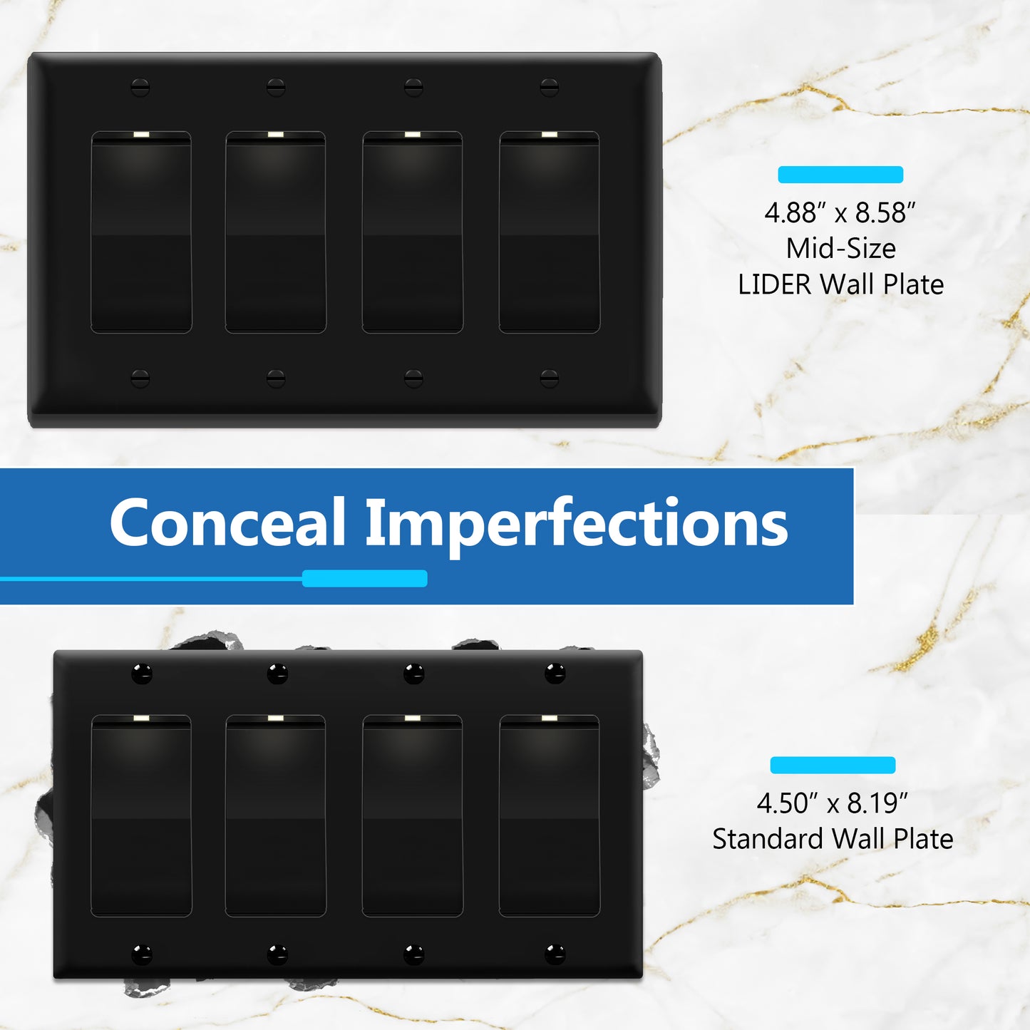 Decorator Wall Plate, Cover Plate for decorator switch or outlet, Polycarbonate Thermoplastic Wall Plate, 4-Gang, Mid-Size