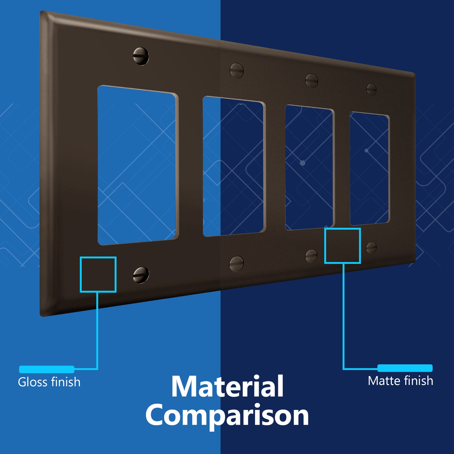 Decorator Wall Plate, Cover Plate for decorator switch or outlet, Polycarbonate Thermoplastic Wall Plate, 4-Gang, Mid-Size