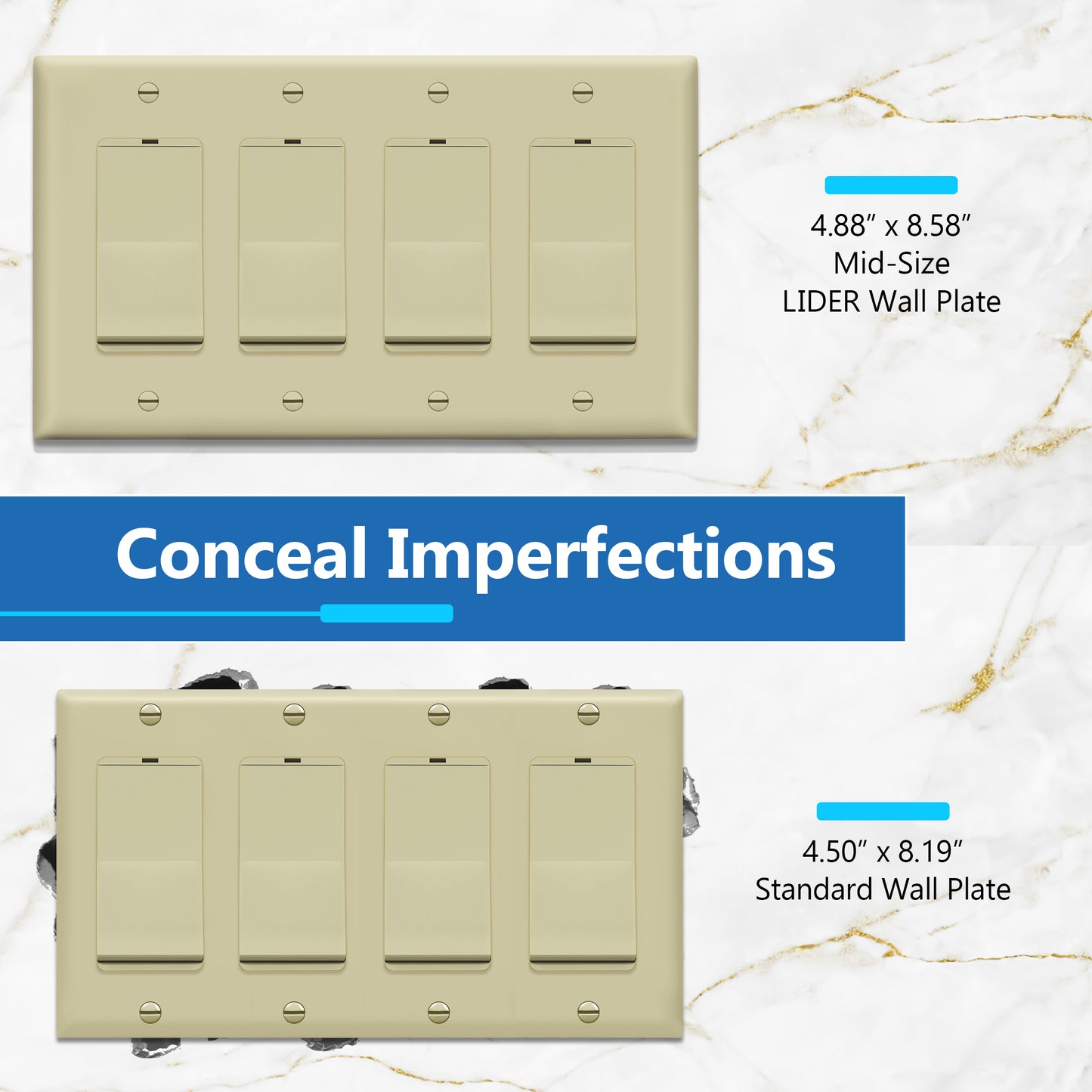 Decorator Wall Plate, Cover Plate for decorator switch or outlet, Polycarbonate Thermoplastic Wall Plate, 4-Gang, Mid-Size