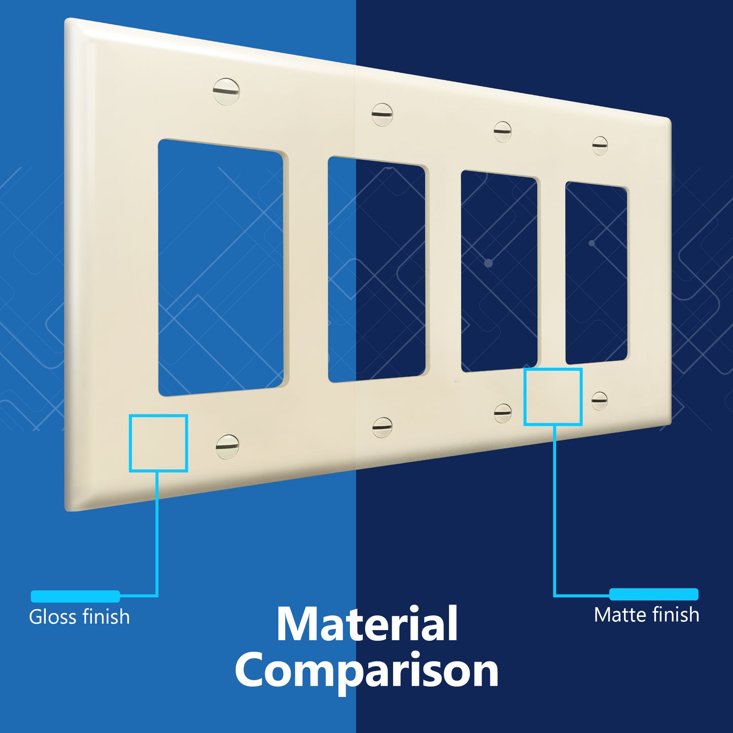 Decorator Wall Plate, Cover Plate for decorator switch or outlet, Polycarbonate Thermoplastic Wall Plate, 4-Gang, Mid-Size