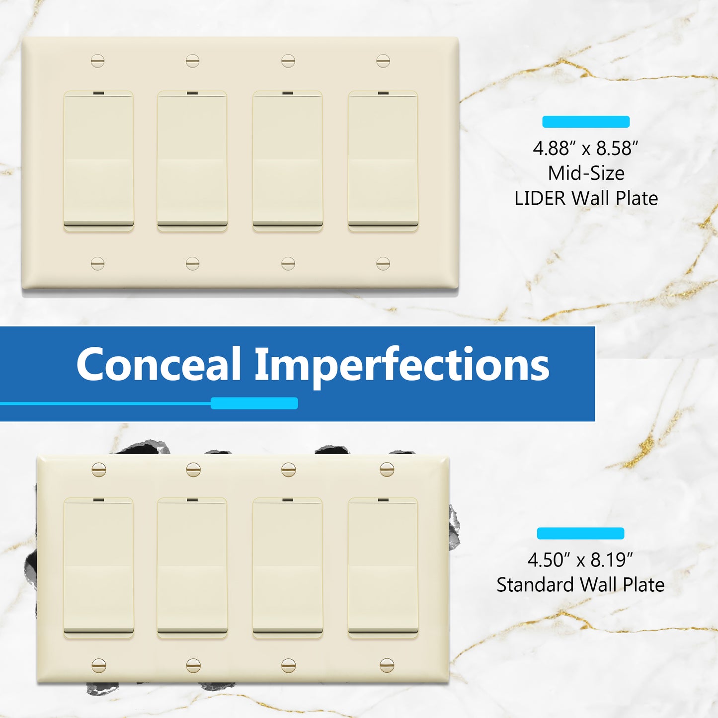 Decorator Wall Plate, Cover Plate for decorator switch or outlet, Polycarbonate Thermoplastic Wall Plate, 4-Gang, Mid-Size