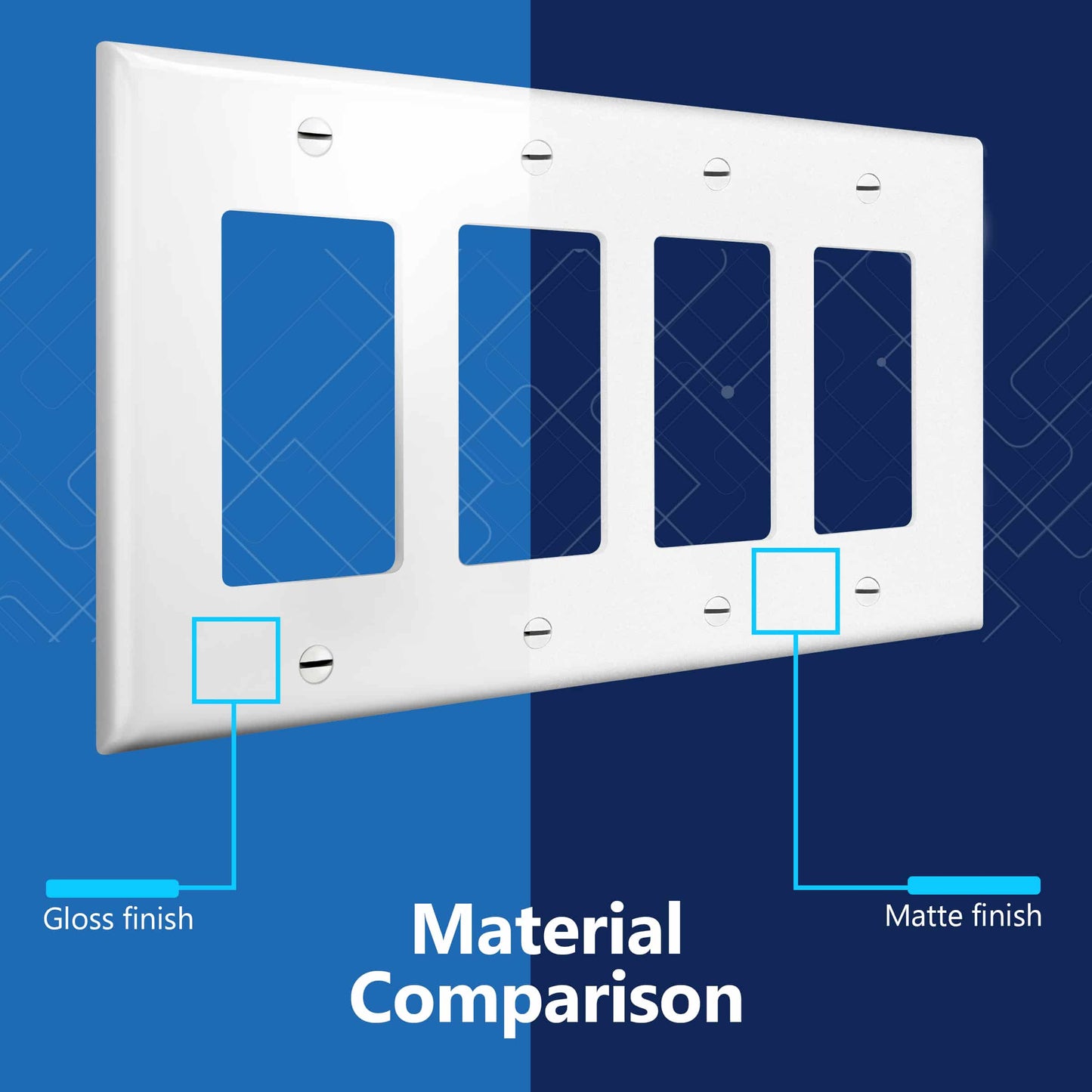 Decorator Wall Plate, Cover Plate for decorator switch or outlet, Polycarbonate Thermoplastic Wall Plate, 4-Gang, Mid-Size