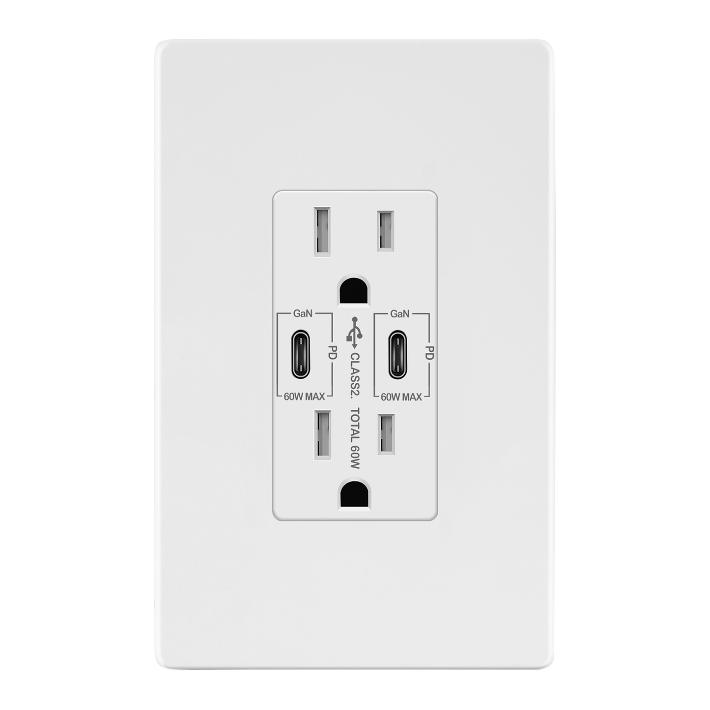 USB Type-C charger with 15A Tamper-Resistant Receptacles, Duplex Receptacle with 2 USB Type-C Charging Ports (Max 60W), Power Delivery, Interchangeable Face Cover, Wall Plate Included
